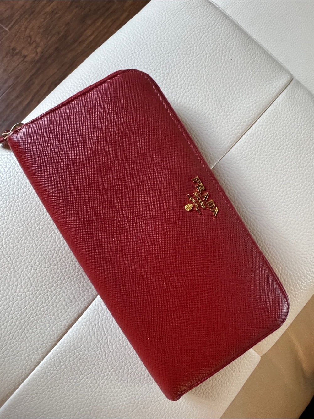 Prada Red Saffiano Leather Zip Wallet with Gold Logo - Authenticity Card